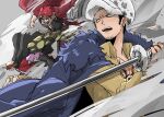  3boys black_hair eustass_captain_kid facial_hair fur_coat hat holding holding_sword holding_weapon male_focus mgmsop monkey_d._luffy multiple_boys one_piece open_mouth red_hair shirt solo_focus sword trafalgar_law weapon yellow_eyes yellow_shirt 