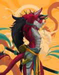  2022 anthro asian_mythology athletic athletic_anthro athletic_male biped black_hair digital_media_(artwork) dragon east_asian_mythology eastern_dragon fur green_eyes hair hi_res horn long_hair male melee_weapon mythology neungsonie nipples red_body red_fur solo sword weapon white_body white_fur 
