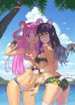  2girls ass back bangs bikini black_hair breasts cleavage collarbone contrapposto gradient_hair green_bikini hair_rings halterneck hatsune_(princess_connect!) long_hair looking_at_viewer medium_breasts midriff multicolored_hair multiple_girls navel pink_hair princess_connect! purple_eyes rikuhito_juusan shiori_(princess_connect!) sidelocks strap_gap swimsuit tail tail_through_clothes two_side_up v-shaped_eyebrows white_bikini yellow_eyes 