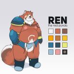  2022 absurd_res ailurid anthro asian_clothing belly big_belly blue_clothing blue_fundoshi blue_underwear blush clothing east_asian_clothing fundoshi hi_res japanese_clothing kemono male mammal model_sheet moobs navel nipples overweight overweight_male qqmelon888 red_panda simple_background solo underwear 