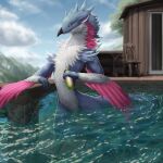  1:1 2019 4_fingers ambiguous_gender anthro avian beak bird_feet bird_legs black_claws blue_body blue_feathers bottle cabin chair chest_tuft claws detailed_background digitigrade feathers fingers furniture head_tuft hi_res holding_bottle holding_object landscape male_(lore) outside partially_submerged pink_body pink_feathers plant ryke_sellwing seateal sky solo swimming_pool tail_tuft teeth tree tuft water white_body white_feathers winged_arms wings wood 
