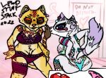  2022 anthro biped bottomwear bra breasts canid canine changing_clothing clothed clothing domestic_cat dressing_room_(disambiguation) duo ear_piercing ear_ring felid feline felis female feral fox fur garter_belt garter_straps genitals jewelry legwear lewdstuffstack lingerie lion mammal nova_(savannahlioness) pantherine panties partially_clothed piercing pose pussy savannahlioness_(character) smile thong trying_on_clothing underwear 