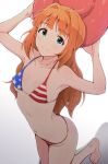  1girl :3 absurdres american_flag_bikini armpits bangs bikini blue_eyes breasts character_request covered_nipples cowboy_hat flag_print hat highres idolmaster long_hair looking_at_viewer navel orange_hair red_hair small_breasts smile solo swimsuit tengu_(tetuo_kun) 