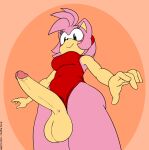  amy_rose anthro argento balls big_balls big_breasts big_penis blush breasts clothing crossgender erection eulipotyphlan fingers genitals gynomorph hedgehog hi_res humanoid_genitalia humanoid_hands intersex looking_down low-angle_view mammal one-piece_swimsuit penis presenting presenting_penis sega simple_background smile solo sonic_the_hedgehog_(series) standing swimwear thick_thighs zeer 