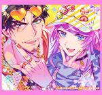  2boys amayado_rei amemura_ramuda black_hair blue_eyes choker facial_hair heart heart-shaped_eyewear heterochromia hypnosis_mic jacket jewelry multiple_boys nail_polish open_mouth pink_hair ring scar scar_across_eye short_hair sidelocks tare7gasi_mi watch 