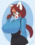  2022 ailurid anthro big_breasts blue_eyes bottomwear breasts brown_body brown_fur clothed clothing colored_nails fangs female fur hair hi_res huge_breasts inner_ear_fluff mammal nails nipple_outline nuan_(skecchiart) open_mouth open_smile pants ponytail red_hair red_panda signature skecchiart smile solo sweater topwear tuft turtleneck vest white_body white_fur white_nails 
