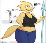  alphys alternate_costume anthro belly bottomwear breasts cleavage clothed clothing clothing_swap davidsanchan denim denim_clothing duo english_text female fish grin jeans marine midriff open_mouth pants reptile scalie shirt simple_background smile tank_top text topwear undertale_(series) undyne white_background 