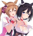  2girls absurdres animal_ears arm_around_shoulder black_hair blue_eyes blush bow breasts cleavage collarbone commentary detached_sleeves ear_scrunchie eishin_flash_(umamusume) eyelashes hair_between_eyes hair_bow happy highres horse_ears horse_girl hug hug_from_behind large_breasts light_brown_hair multiple_girls multiple_hair_bows one_eye_closed orange_eyes pink_bow purple_bow simple_background smart_falcon_(umamusume) smile tetori_(tetolisto) umamusume v white_background 