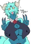  2022 2_horns 4_fingers :d anthro bare_shoulders big_breasts biped black_clothing black_topwear blue_body blue_countershading blue_fur blue_hands blue_markings blue_tail blue_tail_tip breasts claws cleavage_cutout clothing countershade_torso countershading dark_topwear digital_media_(artwork) dipstick_tail double_v_sign dragon eye_markings female finger_claws fingers forehead_gem fur furred_dragon gesture gloves_(marking) green_body green_fur green_tail grey_claws hi_res horn kazuhiro kemono long_neck looking_at_viewer markings monotone_claws monotone_eyes monotone_horn monotone_pawpads multicolored_body multicolored_fur navel nipple_outline open_mouth open_smile pawpads pink_pawpads raised_hand red_ribbon simple_background smile smiling_at_viewer solo tail_markings tan_horns teal_body teal_face topwear two_tone_body two_tone_fur two_tone_tail v_sign white_background yellow_eyes 