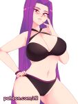  1girl bare_arms bikini black_bikini blush breasts commentary contrapposto fate/stay_night fate_(series) fingernails hand_on_hip hand_on_own_cheek hand_on_own_face highres large_breasts long_fingernails long_hair medusa_(fate) medusa_(rider)_(fate) navel pants parted_lips purple_eyes purple_hair rtil simple_background solo swimsuit very_long_hair white_background wristband 