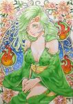  1girl breasts cleavage closed_mouth detached_sleeves earrings final_fantasy final_fantasy_iv fire flower green_eyes green_hair hair_ornament highres jewelry long_hair looking_at_viewer older rydia_(ff4) smile solo thighhighs 