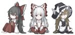  3girls absurdres apron ascot back_bow bangs bare_shoulders barefoot black_dress black_footwear bow braid brown_ascot brown_eyes brown_footwear brown_hair buttons chibi closed_mouth collared_shirt detached_sleeves dress eyebrows_visible_through_hair frills fujiwara_no_mokou green_bow green_hair grey_headwear hair_between_eyes hair_bow hair_ornament hair_tubes hakurei_reimu hat hat_bow highres hisha_(kan_moko) juliet_sleeves kirisame_marisa light_brown_hair long_hair long_sleeves looking_at_viewer looking_to_the_side multicolored_bow multiple_girls ofuda ofuda_on_clothes open_mouth pants ponytail puffy_long_sleeves puffy_short_sleeves puffy_sleeves red_bow red_eyes red_pants red_skirt red_vest shirt shoes short_sleeves simple_background single_braid skirt smile tongue touhou very_long_hair vest white_apron white_background white_bow white_hair white_shirt wide_sleeves witch_hat 