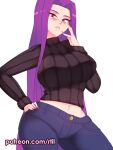  1girl black_sweater blush breasts commentary contrapposto fate/stay_night fate_(series) fingernails hand_on_hip hand_on_own_cheek hand_on_own_face highres large_breasts long_fingernails long_hair long_sleeves medusa_(fate) medusa_(rider)_(fate) navel pants parted_lips purple_eyes purple_hair ribbed_sweater rtil simple_background solo sweater turtleneck turtleneck_sweater very_long_hair white_background 