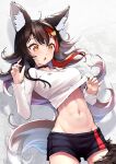  1girl abs animal_ear_fluff animal_ears bangs black_hair black_shorts blush breasts clothes_lift clothes_pull clothing_cutout fingernails flipped_hair groin hair_between_eyes hair_ornament hairclip highres hololive lifted_by_self long_hair looking_down low_ponytail medium_breasts midriff mitsuru_(pixiv_34028718) multicolored_hair navel ookami_mio red_hair shirt shirt_lift short_shorts shorts shorts_pull shoulder_cutout sidelocks solo spiked_hair streaked_hair tail tail_around_leg tail_wrap toned very_long_hair virtual_youtuber white_hair white_shirt wolf_ears wolf_girl wolf_tail yellow_eyes 