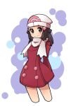  1girl beanie black_hair brown_eyes closed_mouth commentary_request dawn_(pokemon) hair_ornament hairclip hat long_hair looking_at_viewer miu_(miuuu_721) poke_ball_print pokemon pokemon_(game) pokemon_dppt pokemon_platinum scarf skirt smile solo white_headwear winter_clothes 