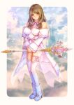  avatar_(ff14) blue_eyes boots breasts brown_hair commission commissioner_upload final_fantasy final_fantasy_xiv highres kodue55 large_breasts ribbon staff thighhighs wavy_hair 