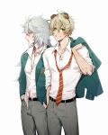  2boys alternate_costume bandaid bandaid_on_cheek bandaid_on_face bandaid_on_nose belt bennett_(genshin_impact) blonde_hair eriimyon eyewear_on_head genshin_impact green_eyes grey_hair grey_pants highres jewelry long_hair looking_at_viewer multiple_boys necklace necktie pants razor_(genshin_impact) red_eyes scar scar_on_face school_uniform shirt short_hair smile striped_n striped_necktie white_background white_shirt 