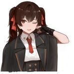  1girl bangs black_gloves black_jacket brown_eyes brown_hair cropped_torso eyebrows_visible_through_hair fingerless_gloves girls&#039;_frontline gloves hair_ribbon hand_in_own_hair highres jacket long_hair looking_at_viewer necktie one_eye_closed open_mouth rampart1028 red_necktie red_ribbon ribbon shirt smile solo twintails type_95_(girls&#039;_frontline) upper_body white_background white_shirt 