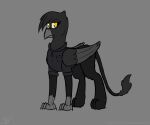  2022 avian beak black_body black_feathers clothing feathers female feral grey_background gryphon hasbro hi_res long_tail my_little_pony mythological_avian mythology signature simple_background solo sombird standing tail_tuft tuft uniform wings 