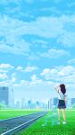  animated animated_gif brown_hair cityscape cloud day genuinehuman ghost highres looking_afar outdoors pixel_art railroad_tracks shirt shoes skirt sneakers standing t-shirt wind 