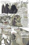  2022 anthro biped blush bulge canid canine canis claws clothed clothing comic dangpa dialogue_box digital_media_(artwork) dragon duo english_text erection erection_under_clothing finger_claws hi_res male male/male mammal sitting text underwear wolf 
