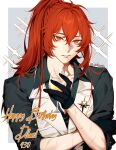  1boy black_gloves cup diluc_(genshin_impact) drinking_glass eriimyon genshin_impact gloves happy_birthday high_ponytail highres holding holding_cup looking_at_viewer red_eyes red_hair scar scar_on_arm smile 