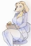  2022 anthro big_breasts biped blonde_hair blue_eyes bottomwear breasts canid canine canis chair cleavage clothed clothing digital_media_(artwork) domestic_dog female floppy_ears fully_clothed fur furniture garter_straps grey_bottomwear grey_clothing grey_jacket grey_legwear grey_skirt grey_thigh_highs grey_topwear hair jacket kazuhiro kemono legwear long_sleeves mammal medium_hair miniskirt mouth_closed office_chair office_lady on_chair open_clothing open_jacket open_topwear pencil_skirt side_slit simple_background sitting sitting_on_chair skirt snout solo thigh_highs topwear white_background yellow_body yellow_fur 