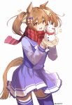  1girl absurdres animal_ears bangs blush bow brown_hair cowboy_shot hair_bow highres horse_ears horse_girl horse_tail kiwi0314 long_sleeves looking_at_viewer medium_hair mittens open_mouth orange_eyes purple_legwear purple_shirt purple_skirt scarf school_uniform shirt simple_background skirt smart_falcon_(umamusume) smile snowman solo tail thighhighs tracen_school_uniform twintails twitter_username umamusume white_background 