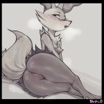  anthro anus blush blushi_(artist) bodily_fluids braixen breasts butt canid canine eyebrows female fur genitals hi_res looking_aside lying mammal nintendo nipples nude on_side open_mouth pok&eacute;mon pok&eacute;mon_(species) pussy solo sweat video_games 