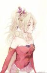  1girl bare_shoulders blonde_hair breasts cape dress earrings final_fantasy final_fantasy_vi jewelry long_hair ponytail ribbon simple_background solo tina_branford 