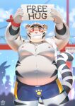  2022 anthro belly blush bulge clothing felid fur hi_res male mammal nipples outside overweight pantherine pawsve solo solo_focus tiger underwear white_body white_fur 