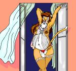  anthro areola belly big_belly big_breasts breasts brown_hair chest_tuft clothing curtains danellz digital_media_(artwork) doorway eyes_closed felid female fur glass glass_door hair kathy_(danellz) legwear lingerie lion mammal multicolored_body multicolored_fur nipples open_mouth pantherine panties solo stockings stretching translucent translucent_clothing tuft two_tone_body two_tone_fur underwear waking_up 