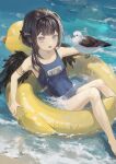  1girl animal_ears armlet bangs bare_shoulders beach bird bird_ears bird_girl bird_wings blue_eyes blue_tongue brown_hair cacanep character_request chinese_commentary collarbone colored_tongue commentary_request copyright_request covered_navel fang feathered_wings feet_out_of_frame from_above highres innertube long_hair one-piece_swimsuit open_mouth outdoors partially_submerged solo swimsuit water weibo_logo weibo_username wings 