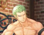 1boy ayukisa bandana bara biceps blurry blurry_background collarbone cropped frown green_hair long_sideburns looking_to_the_side male_focus muscular muscular_male nude one_piece pectorals roronoa_zoro scar scar_across_eye short_hair sideburns solo stitches upper_body 