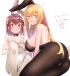  2girls :d absurdres animal_ears arm_support bangs bishooji black_bow black_legwear black_leotard blonde_hair blush bow breasts brown_hair closed_mouth detached_collar embarrassed eyebrows_visible_through_hair fake_animal_ears highres knee_up large_breasts leotard long_hair looking_at_viewer lying misaka_mikoto multiple_girls on_side pantyhose playboy_bunny rabbit_ears shokuhou_misaki short_hair sideboob signature sitting small_breasts smile toaru_kagaku_no_railgun toaru_majutsu_no_index white_background white_legwear white_leotard 