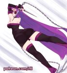  1girl arched_back armpits arms_behind_head arms_up ass black_dress breasts chain collar commentary covered_eyes detached_sleeves dress dutch_angle eyepatch facial_mark facing_back facing_viewer fate/stay_night fate_(series) forehead_mark from_behind large_breasts legs_apart long_hair medusa_(fate) medusa_(rider)_(fate) parted_lips purple_hair rtil solo strapless strapless_dress thighhighs very_long_hair weapon zettai_ryouiki 