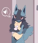  &lt;3 absurd_res ambiguous_gender anthro black_body black_fur blue_body blue_fur blush blush_lines door ears_up evolved fur happy hi_res love lucario nintendo pok&eacute;mon pok&eacute;mon_(species) red_eyes satori_(verfyhi) solo spikes tail_motion tailwag video_games yellow_body yellow_fur 