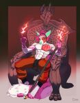  abstract_background absurd_res anthro body_writing cel_shading celtic chair deity dragon dreadlocks fangs feet fire furniture givo hi_res humanoid long_tail magic_user male markings muscular paws sexy_eyes shaded sitting solo spread_legs spreading throne toes warrior 