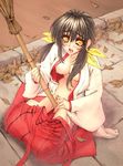 artist_request bamboo_broom broom copyright_request crotch_rub hakama japanese_clothes long_sleeves masturbation miko open_clothes open_shirt pussy_juice red_hakama shirt solo 