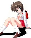  areola_slip areolae blue_eyes breasts brown_hair copyright_request covering covering_breasts long_sleeves makuwa medium_breasts oldschool open_clothes open_shirt school_uniform shirt short_hair sitting 