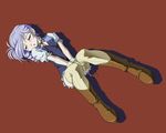  artist_request blue_leotard blush boots closed_eyes drill_hair dutch_angle full_body gloves kiddy_grade lavender_hair leotard lumiere masturbation simple_background solo tears thighhighs 