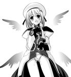  black_wings blush greyscale hair_ornament hat kitamiya_genbu long_sleeves lyrical_nanoha mahou_shoujo_lyrical_nanoha mahou_shoujo_lyrical_nanoha_a's monochrome multiple_wings panties pussy_juice skirt skirt_lift solo underwear waist_cape wet wet_clothes wet_panties wings x_hair_ornament yagami_hayate 