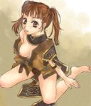  bad_feet barefoot breast_slip breasts brown_eyes brown_hair feet final_fantasy final_fantasy_xi hume jpeg_artifacts kneeling medium_breasts monk_(final_fantasy) no_bra one_breast_out open_clothes open_shirt puipui shirt short_twintails solo twintails 