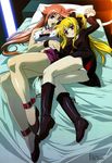  animal_ears arf blonde_hair blue_eyes blush boots brown_eyes covered_nipples cuddling dress fang fate_testarossa fox_ears hair_ribbon highres long_hair long_legs long_sleeves lyrical_nanoha mahou_shoujo_lyrical_nanoha megami midriff multiple_girls official_art okuda_yasuhiro panties pantyshot red_eyes red_hair ribbon shoes short_dress short_shorts shorts twintails underwear white_panties 