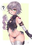  1girl ? arm_belt bandage bandaged_arm bandages bare_shoulders black_panties breasts commentary_request condom_packet_strip condom_wrapper facial_scar fate/apocrypha fate/grand_order fate_(series) gloves highres holding jack_the_ripper_(fate/apocrypha) looking_at_viewer lowleg navel open_mouth panties scar scar_across_eye scar_on_cheek shiny shiny_hair shiny_skin shoulder_tattoo shounan_no_tamasu silver_hair single_glove small_breasts solo speech_bubble spoken_question_mark standing tattoo underwear 