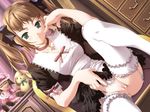  brown_hair chair choker decensored doll dutch_angle finger_to_mouth game_cg garter_belt green_eyes l'heure_bleue leg_lift lise_(l'heure_bleue) maid mizutani_tooru no_panties pussy ribbon sitting skirt skirt_lift solo stuffed_animal stuffed_toy thighhighs third-party_edit twintails uncensored white_legwear 