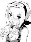  breasts cleavage cum cum_in_mouth cum_on_body cum_on_breasts cum_on_tongue cum_on_upper_body cupping_hand facial forehead greyscale haruno_sakura large_breasts looking_at_viewer monochrome naruto naruto_(series) nekomata_naomi solo tongue tongue_out 