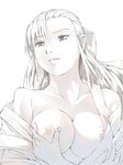  95-tan artist_request breasts cleavage large_breasts long_hair monochrome nipples os-tan simple_background solo source_request upper_body white_background 