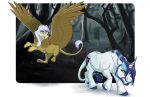  2019 avian beak beard blue_beard blue_eyes blue_horn brown_feathers cutie_mark detailed_background digital_media_(artwork) duo earthsong9405 equine facial_hair feathered_wings feathers female feral forest friendship_is_magic gilda_(mlp) gryphon horn male mammal my_little_pony open_mouth shining_armor_(mlp) tree unicorn wings yellow_beak yellow_eyes 