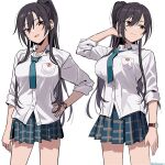  adjusting_hair bangs black_hair blue_necktie blue_skirt breasts checkered_clothes checkered_skirt dog_tags dot_nose earrings eyebrows_visible_through_hair hair_between_eyes hand_on_hip hand_up highres idolmaster idolmaster_shiny_colors jewelry large_breasts long_hair long_sleeves looking_at_viewer looking_away multiple_persona necktie open_mouth pleated_skirt ponytail shirase_sakuya shirt shisoneri sidelocks skirt sleeves_rolled_up smile thighs tsurime twitter_username watch white_background white_shirt wing_collar wristwatch yellow_eyes 